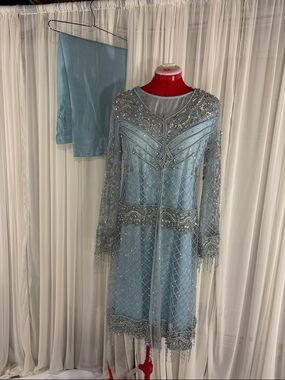 Elegant Light Blue Embellished Women's Dress